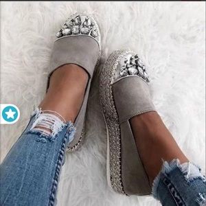 Jolimall Gray Platform Rhinestone Flats